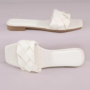 SHEIN faux leather woven flat sandals white NEW